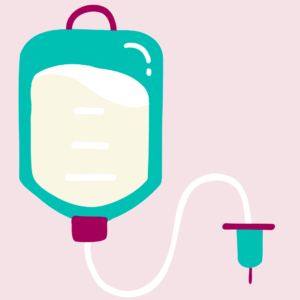 Image shows a cartoon style graphic of a bag, tube, and needle that would be used in a platelet transfusion. The contents of the bag are slightly off-white to represent the platelets.