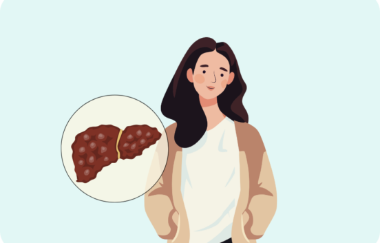 The image shows the upper body and head of a woman with long brown hair, she is drawn in a semi realistic cartoon style. She is wearing a t shirt and cardigan. Next to her is a pale coloured circle containing a drawn image of a liver. The liver looks lumpy with rough edges.