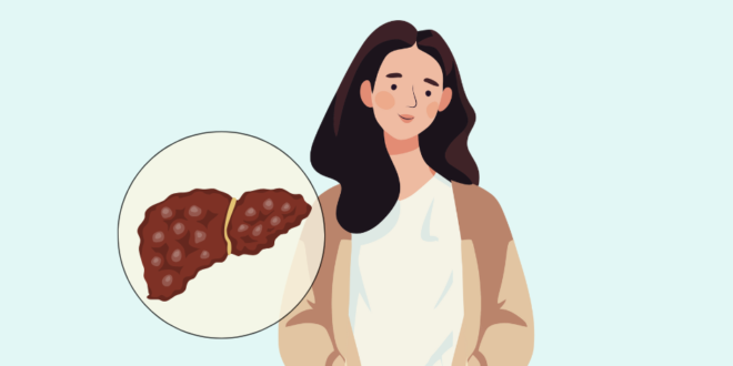 The image shows the upper body and head of a woman with long brown hair, she is drawn in a semi realistic cartoon style. She is wearing a t shirt and cardigan. Next to her is a pale coloured circle containing a drawn image of a liver. The liver looks lumpy with rough edges.