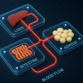 Graphic illustrating the MIMIC platform. It shows 3 clear boxes, containing a liver, a section of intestine and some adipose tissue. The boxes are connected by red tubes representing blood flow.