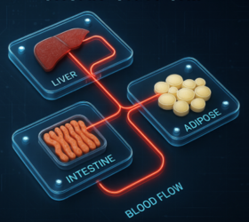 Graphic illustrating the MIMIC platform. It shows 3 clear boxes, containing a liver, a section of intestine and some adipose tissue. The boxes are connected by red tubes representing blood flow.