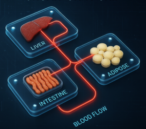 Graphic illustrating the MIMIC platform. It shows 3 clear boxes, containing a liver, a section of intestine and some adipose tissue. The boxes are connected by red tubes representing blood flow.