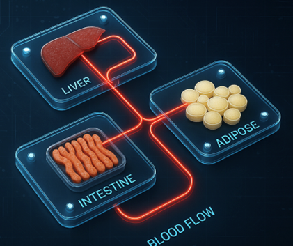 Graphic illustrating the MIMIC platform. It shows 3 clear boxes, containing a liver, a section of intestine and some adipose tissue. The boxes are connected by red tubes representing blood flow.